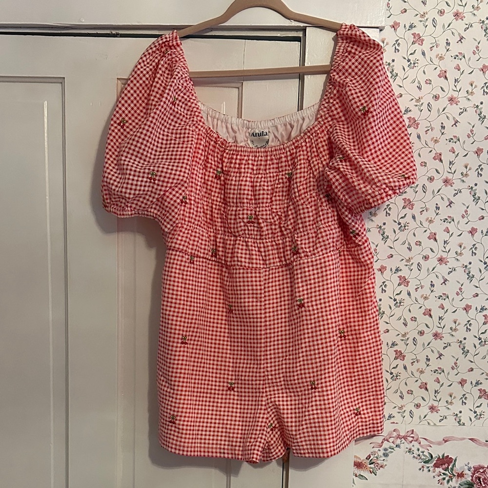 ARULA Red Gingham Puff Sleeve cherry romper